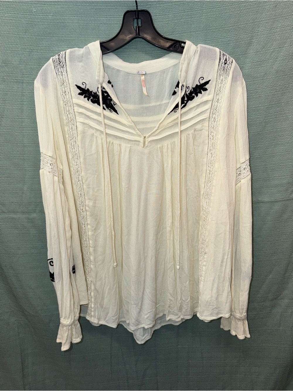 Free People Cream Peasant Blouse with Black Embroidery